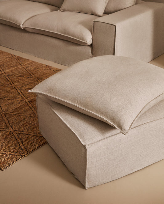 Repose-pieds déhoussable Anarela avec coussin en lin beige FSC Mix Credit 80 x 80 cm.