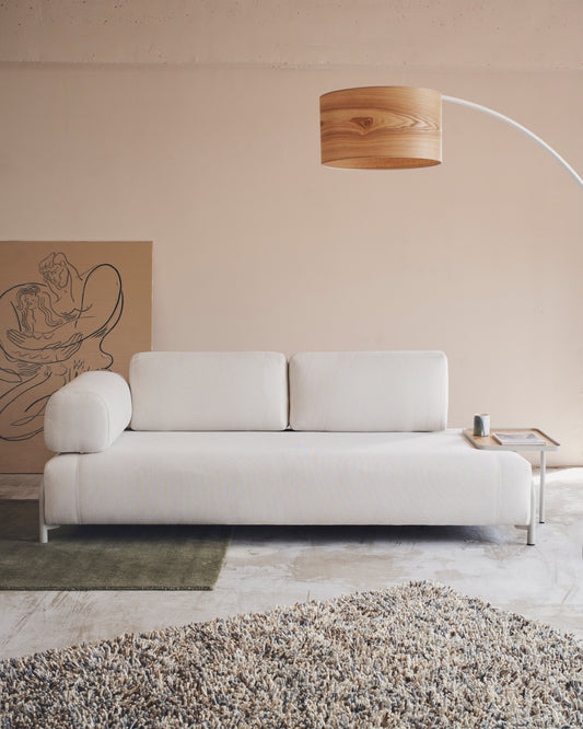 Canapé Compo 3 places chenille beige, plateau grand placage chêne et structure en métal beige 232cm FSC Mix Credit