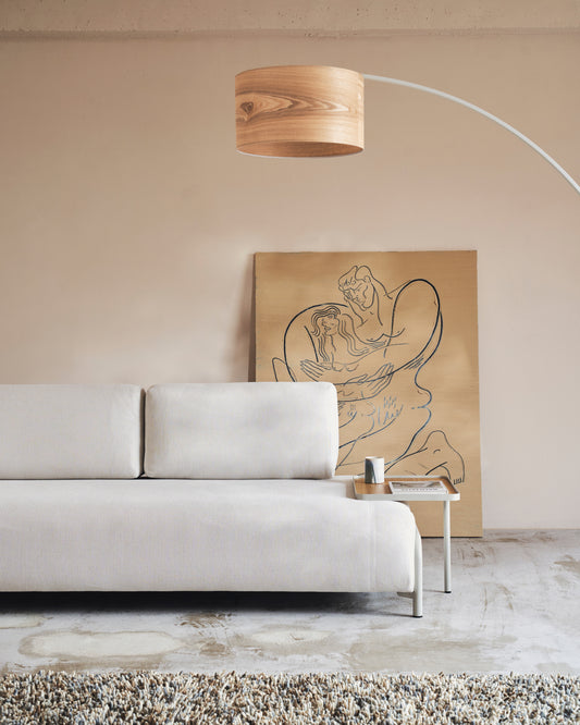 Plateau grand Compo en placage de chêne avec finition naturelle et structure en métal beige.