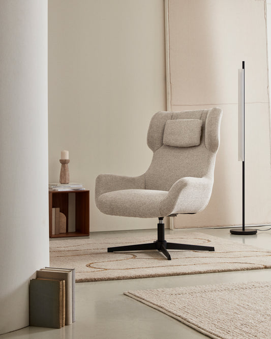 Fauteuil giratoire avec accoudoirs Zalina en chenille beige et acier avec finition noire FSC 100%