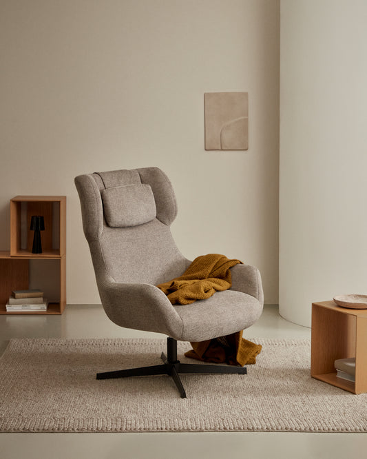 Fauteuil giratoire avec accoudoirs Zalina en chenille marron clair et acier avec finition noire FSC 100%