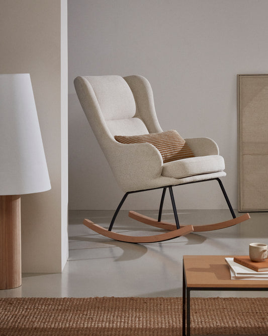 Fauteuil à bascule Maustin chenille beige et structure en acier noir et bois de hêtre