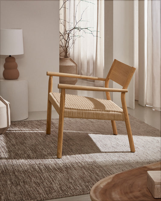 Fauteuil Yalia en bois de chêne massif avec finition naturelle et assise en corde de papier FSC Mix Credit