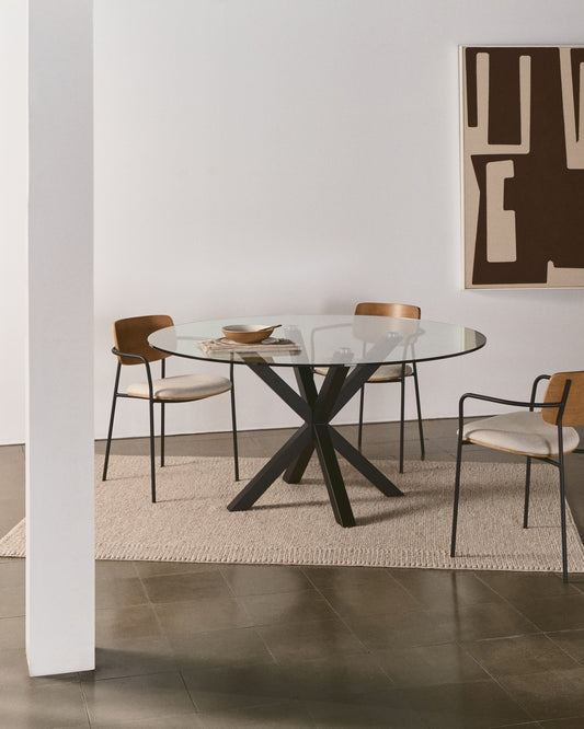 Table ronde Argo en verre et pieds en acier finition noire Ø 119 cm