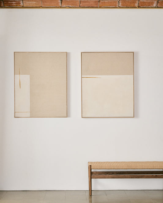 Tableau abstrait Salin avec rayure verticale en lin beige 80 x 100 cm