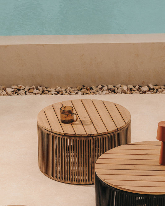 Table basse Dandara en acier, corde beige et bois d'acacia Ø60 FSC 100 %