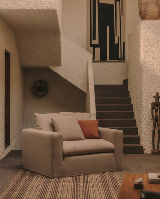 Fauteuil déhoussable Nora avec coussin en lin et coton gris anthracite 140 cm