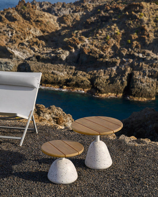 Table basse Saura en terrazzo blanc et plateau en acacia naturel 32 x Ø55 cm FSC 100 %