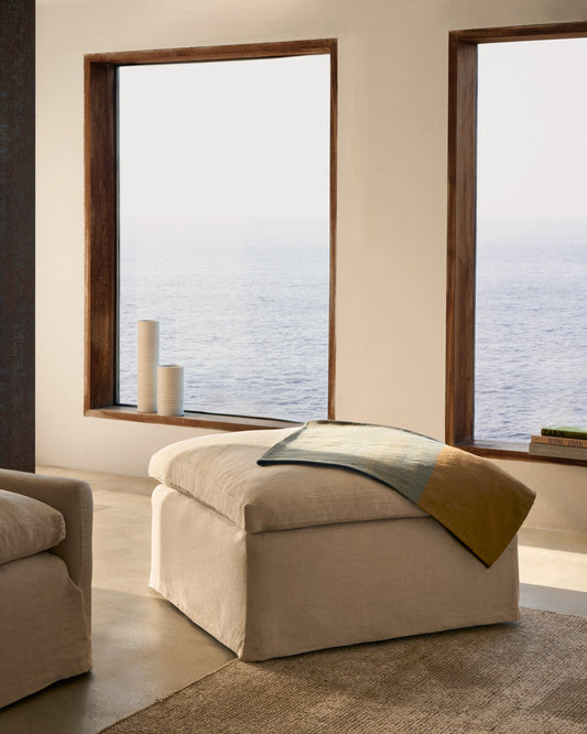 Repose-pieds déhoussable Zenira avec coussin en coton et lin beige 90 x 90 cm