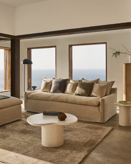 Canapé déhoussable Zenira 3 places avec coussins en coton et lin beige 230 cm