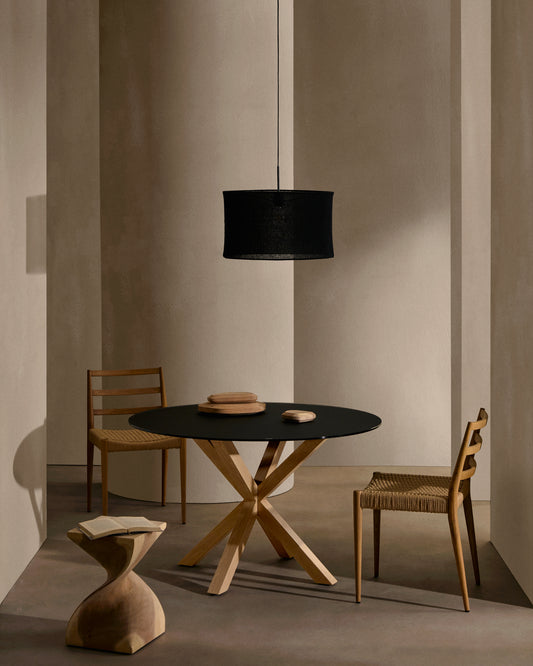 Table ronde Argo en verre noir mat et pieds en acier effet bois Ø 120 cm