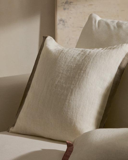 Housse de coussin Suerta 100 % lin blanche et beige 50 x 50 cm
