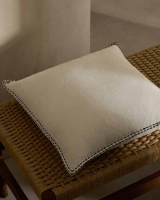Housse de coussin Sinet en lin blanc avec broderie noire 45 x 45 cm