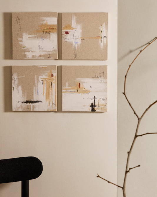 Ensemble Selnir de 4 tableaux en lin blanc et beige 30 x 30 cm