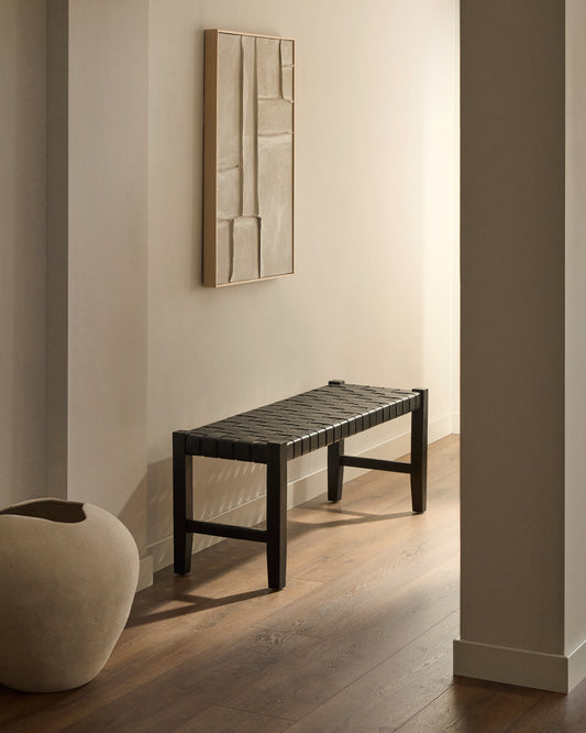 Banc Calixta en cuir et bois de acajou avec finition noire 120 cm