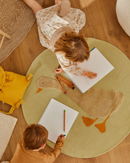 Tapis Milu 100 % coton vert avec motif oie Ø 100 cm