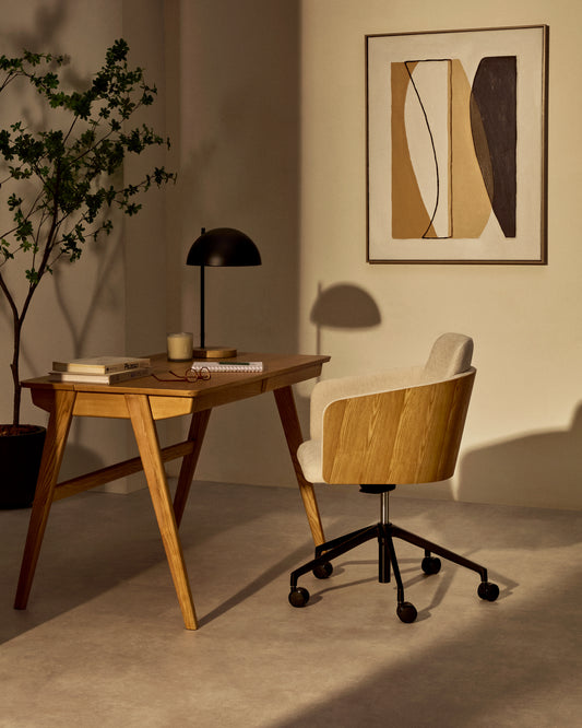 Chaise de bureau Madai en chenille beige et placage de frêne avec finition ton naturel FSC Mix Credit