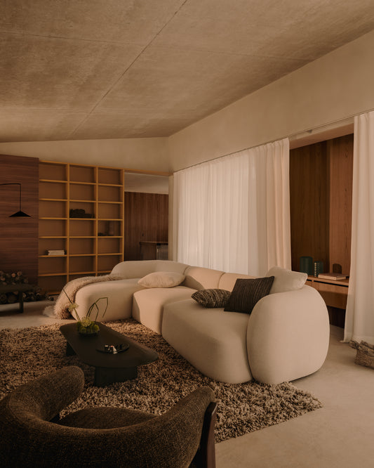 Canapé modulable Martina 4 places en chenille avec méridienne gauche couleur écrue 377 cm