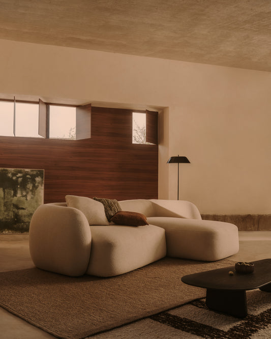 Canapé modulable Martina 3 places en chenille avec méridienne droite couleur écrue 287 cm