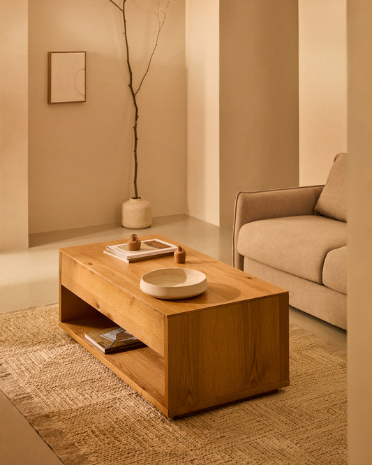 Table basse relevable Alguema en placage de chêne finition naturelle 120 x 60 cm