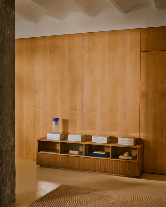 Meuble TV Helvine 4 portes et 2 tiroirs placage de chêne et verre trempé 200 x 54 cm FSC 100 %