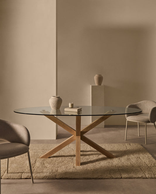 Table ovale Argo en verre et pieds en acier effet bois Ø 200 x 100 cm