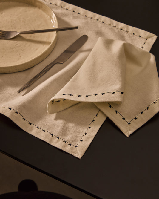 Ensemble Olim de 2 serviettes 100 % coton beige avec détail brodé noir