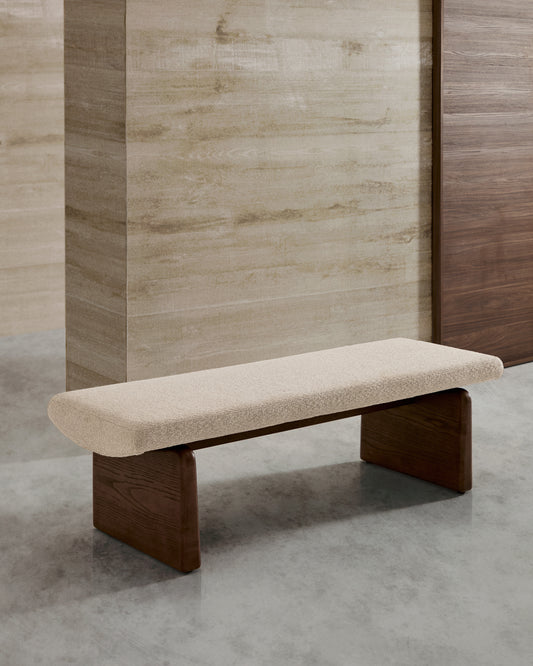 Banc Topaz tissu chenille beige et bois de frêne finition noyer 150 cm FSC 100 %