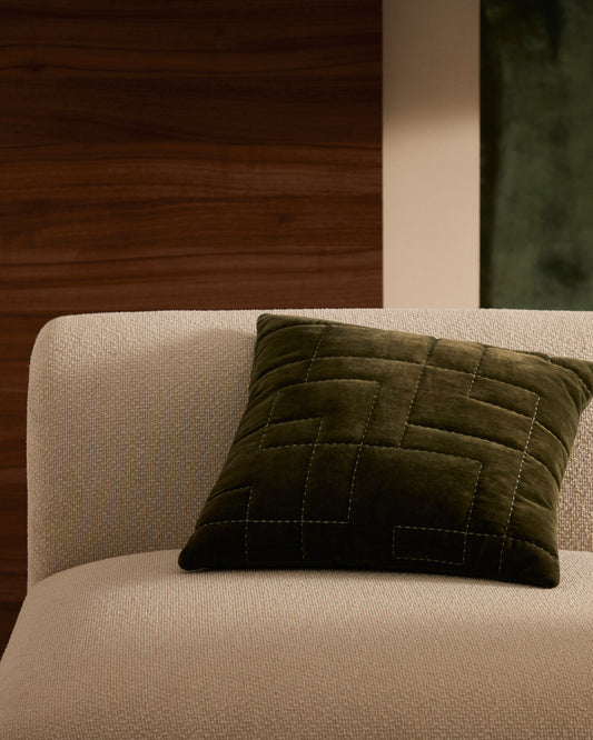 Housse de coussin Prila 100 % coton velours vert avec broderie géométrique 45 x 45 cm