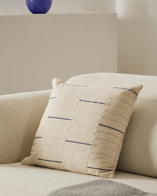 Housse de coussin Blaina en coton et lin blanc avec détail brodé bleu 45 x 45 cm