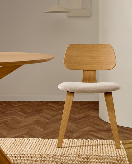 Chaise Gena en placage chêne et chenille beige