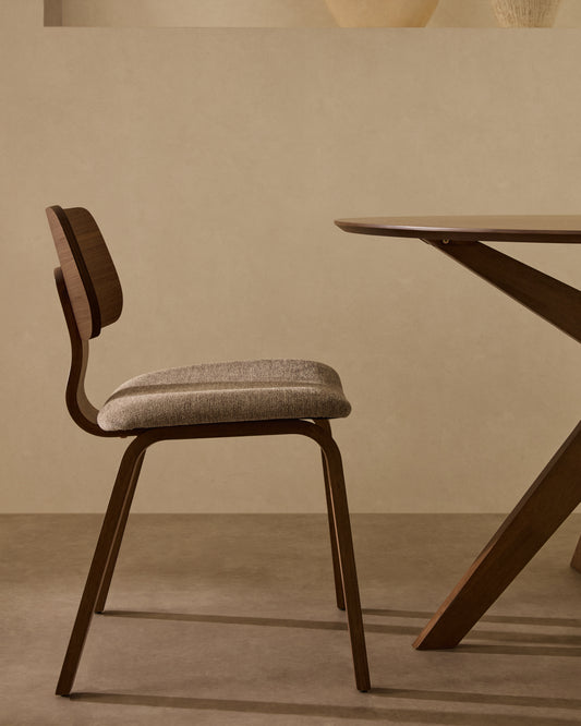 Chaise Gena en placage noyer et chenille beige