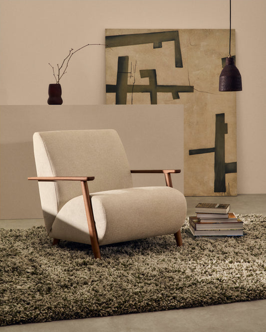 Fauteuil Meghan en chenille perle et bois de frêne finition noyer FSC Mix Credit
