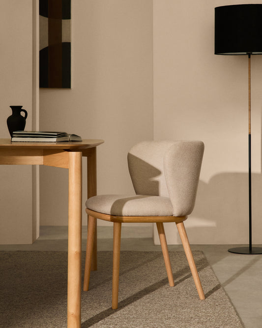 Chaise Ciselia chenille beige et bois de frêne finition ton naturel FSC Mix Credit