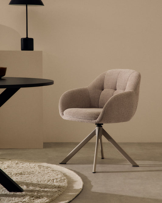 Chaise pivotante Dorina en tissu chenille beige et pieds en acier finition beige