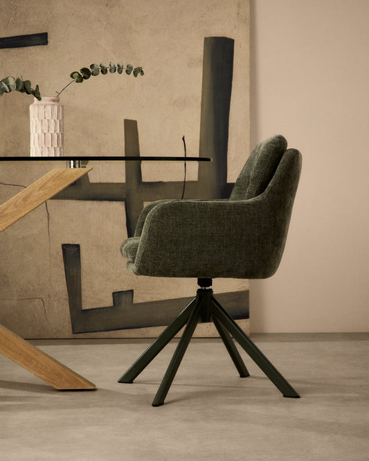 Chaise pivotante Lexa en tissu chenille vert et pieds en acier finition verte