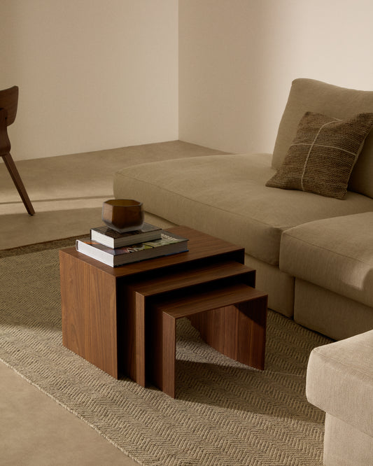 Ensemble Litto de 3 tables gigognes en placage de noyer FSC Mix Credit 60 x 40 / 51 x 36 / 42 x 31 cm