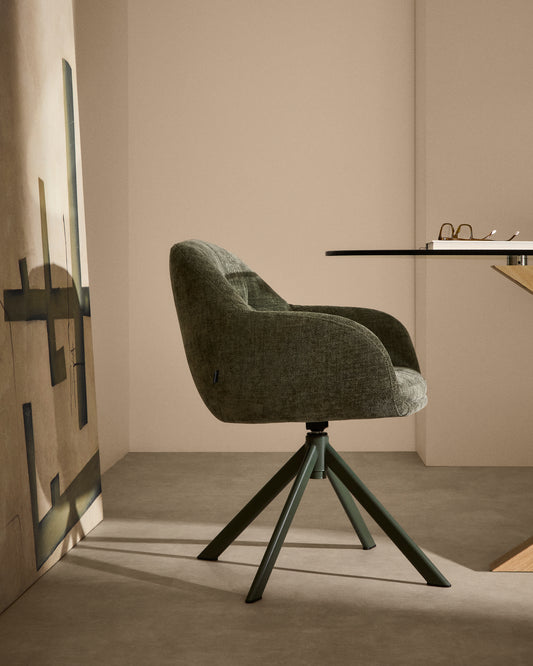 Chaise pivotante Dorina en tissu chenille vert et pieds en acier finition verte