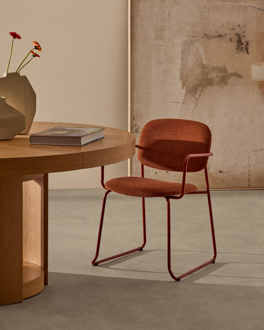 Meli chair with armrests in terracotta chenille with terracotta metal frame FSC Mix Credit