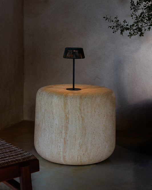 Aldet outdoor solar table lamp in black and green mottled rope cord with black metal stand