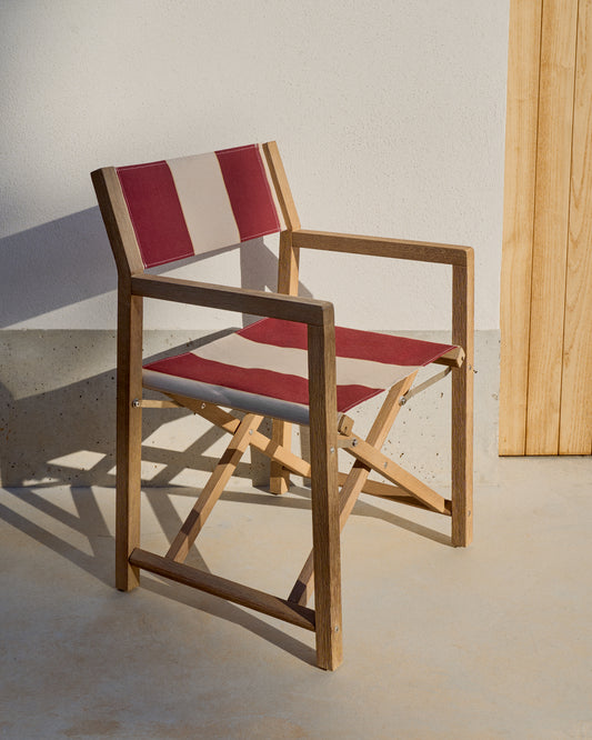 Chaise pliable d’extérieur Vilara rayures grenat et beiges en bois d’acacia FSC 100 %