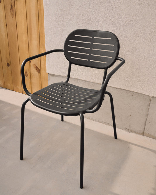 Chaise d’extérieur empilable avec accoudoirs Brai en acier galvanisé gris foncé
