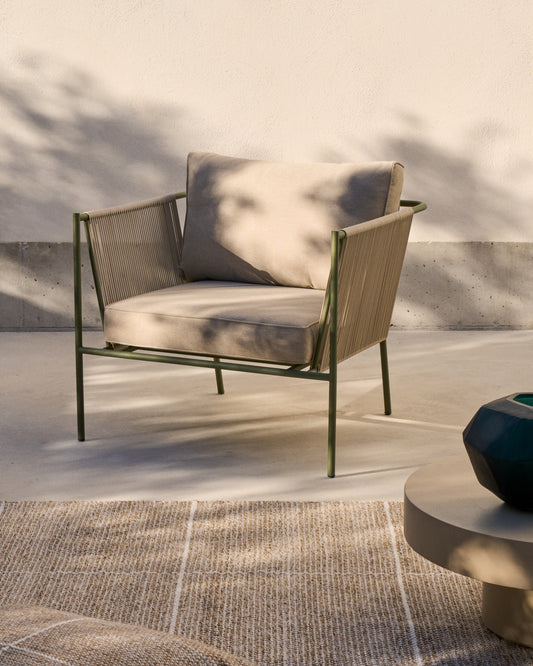 Fauteuil d’extérieur Zivia en corde écrue et acier galvanisé vert