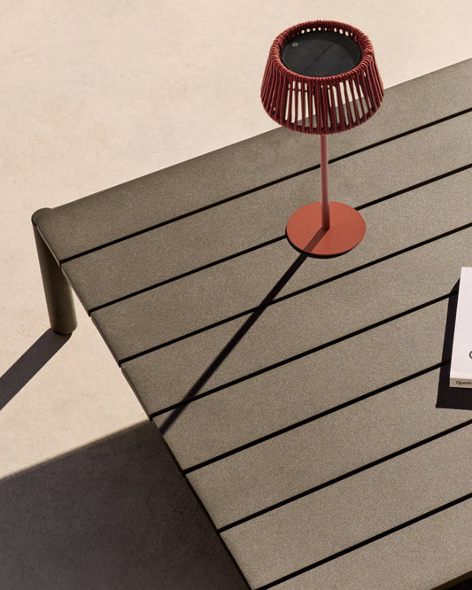 Aldet outdoor solar table lamp in terracotta mottled rope cord with terracotta metal stand