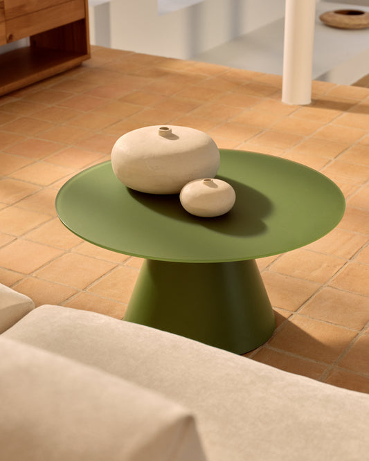 Table basse Wilshire en verre trempé dépoli et acier finition vert mat Ø80 cm