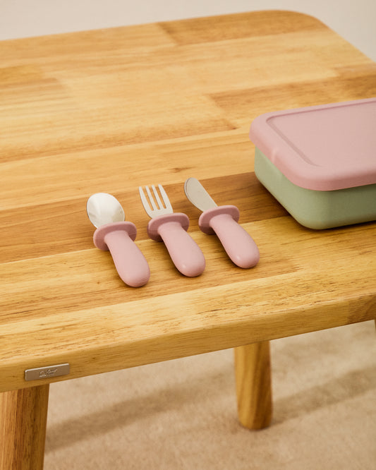 Ensemble Lili de cuillère, fourchette et couteau en silicone rose