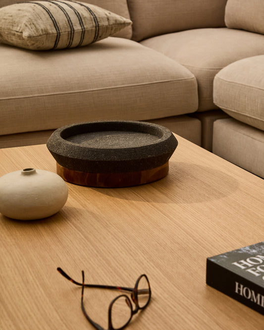Centre de table Naro en pierre noire et bois de teck Ø 30 cm
