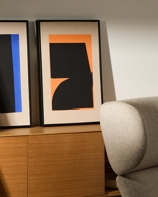 Tableau abstrait Zernu en lin orange et noir peint à la main 42 x 65 cm