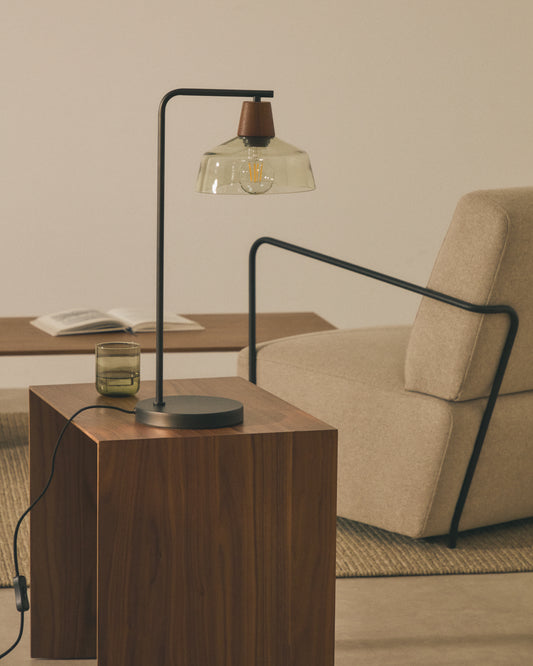 Lampe de table avec pied Silex en métal et verre vert