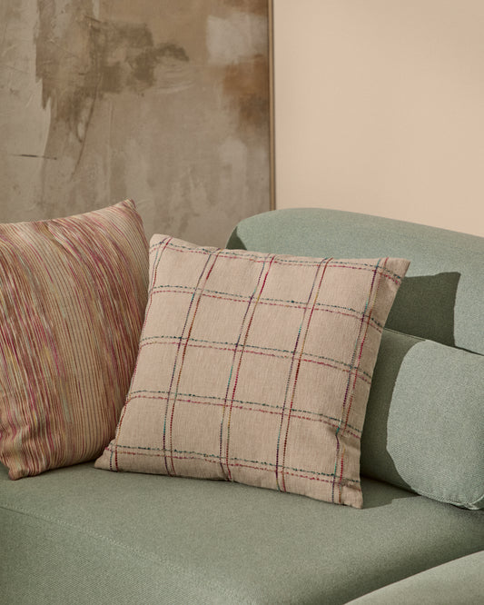Housse de coussin Nety beige avec broderie à carreaux multicolores 45 x 45 cm